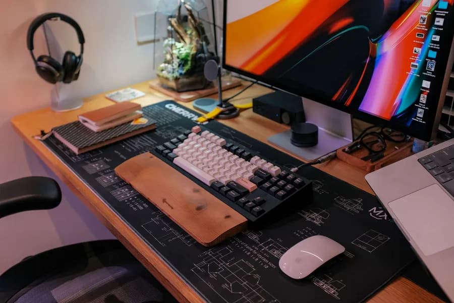 Monitör, klavye ve notlardan oluşan modern teknoloji çalışma alanı